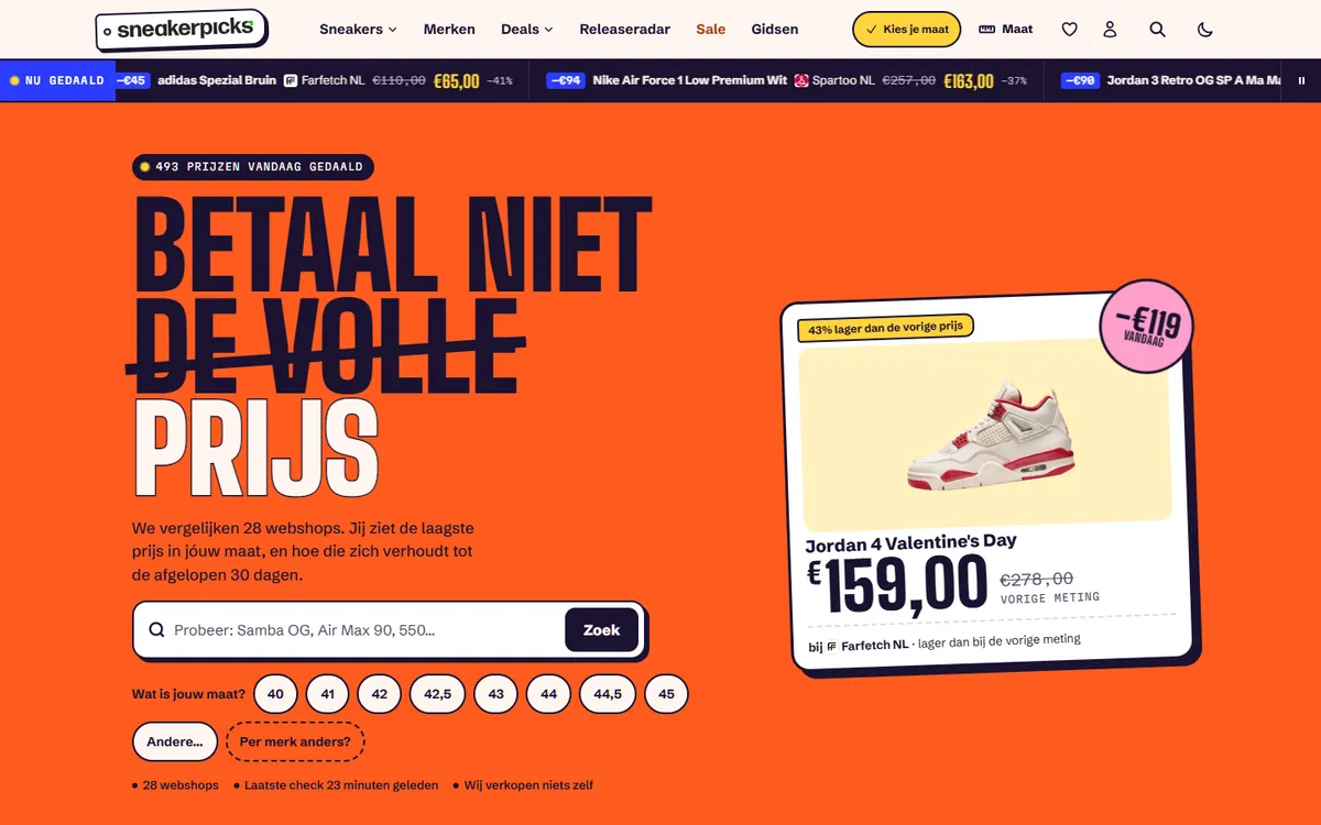 Homepage van SneakerPicks.nl met de kop 'Betaal niet de volle prijs'