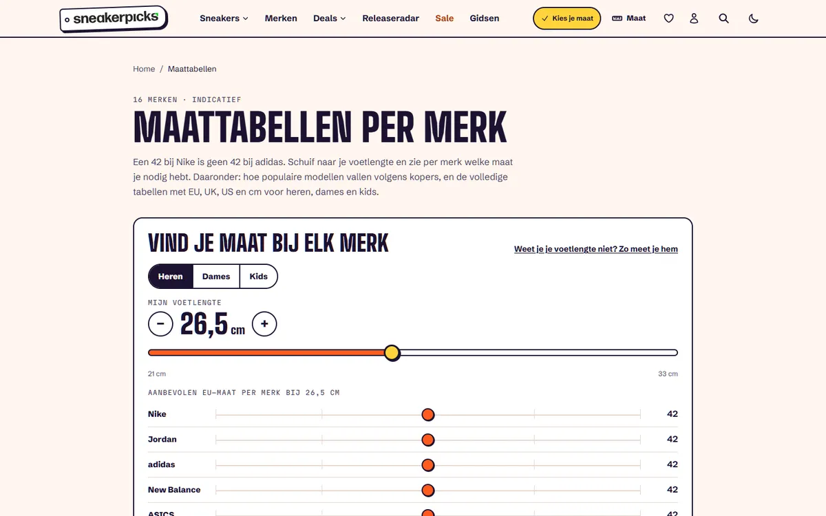 Maattool van SneakerPicks: voetlengte 26,5 cm met de aanbevolen EU-maat per merk