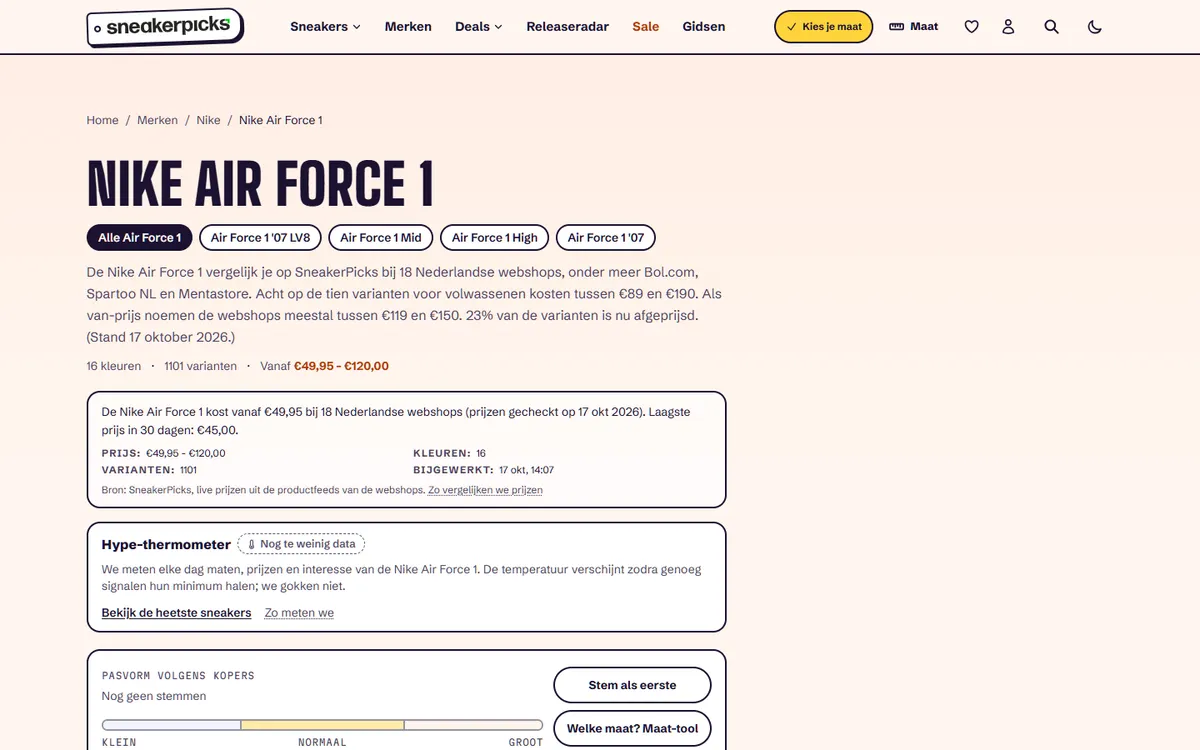 Modelpagina Nike Air Force 1 op SneakerPicks